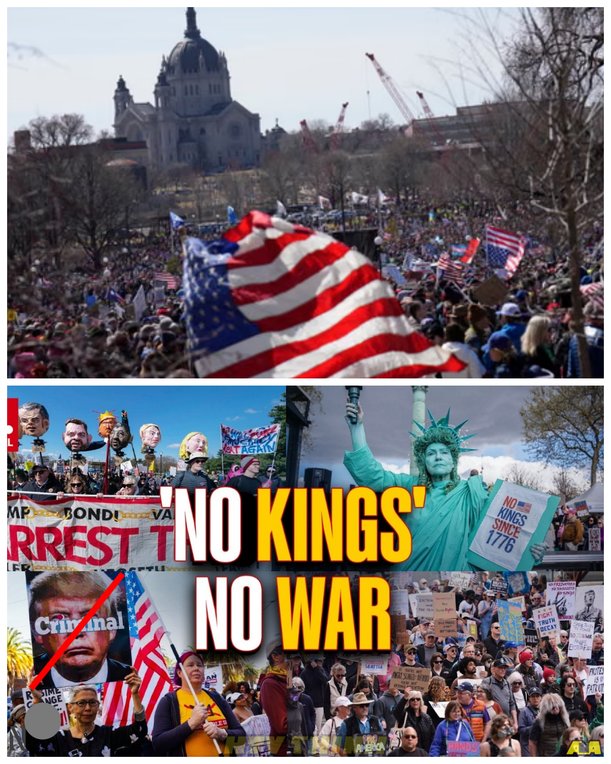 “NO KINGS” PROTEST EXPLODES AS DEMONSTRATORS DEMAND REMOVAL OF THE U.S. PRESIDENT – A NATION PUSHED TO ITS LIMIT What began as a protest has now turned into a full-scale national eruption, with demonstrators flooding streets and openly demanding the removal of the sitting U.S. president. At first, it seemed like another wave of political dissent, but then the intensity surged, the crowds grew larger, and the message became impossible to ignore. The twist? While the rally appears focused on leadership, the deeper frustration seems to stem from a buildup of tension across multiple issues that have been simmering for months. As chants grow louder and reactions spread across the country, one question keeps echoing—why has this moment triggered such a powerful response, and what could happen if this pressure continues to rise?