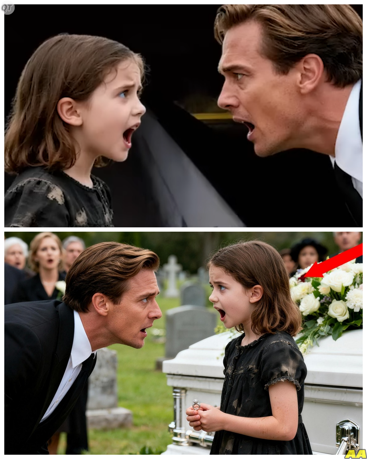 “Stop the Funeral, She’s Alive!” A Ragged Girl Burst Into a Millionaire’s Wife’s Lavish Farewell and Screamed the Words That Froze the Entire Chapel, Unleashing a Chain Reaction of Panic, Suspicion, and a Hidden Truth So Explosive It Threatened to Tear Apart an Empire Built on Secrets and Silence -KK At first they tried to drag her out, dismiss her as delusional, but the way she pointed at the coffin and refused to back down made the room shift from polite mourning to quiet terror, because suddenly everyone was wondering if the woman inside was really gone or if something far more calculated was unfolding in plain sight. The full story is in the comments below.