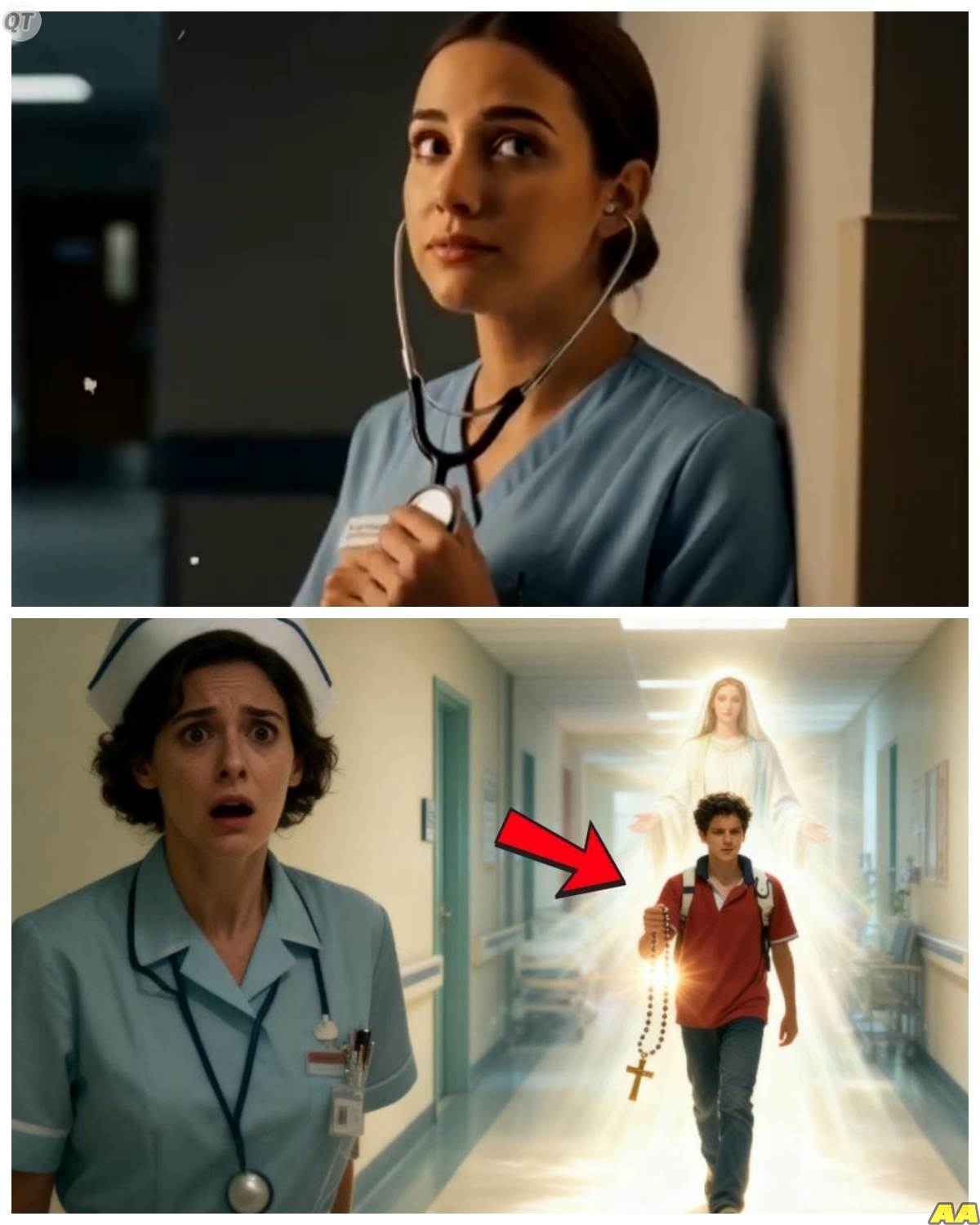 The Nurse Laughed at Mary’s Image Like It Was Just Another Decoration Until the Night Shift Fell Silent and She Swore She Saw Carlo Acutis Walk Past Her With a Shining Rosary That Cast Light Where No Bulb Could Reach and What Happened Seconds Later Turned Her Mockery Into a Fear She Could Not Shake and a Question She Still Refuses to Answer -KK She thought it was harmless sarcasm, the kind people use to get through long hours and empty halls, until something moved where nothing should, and the reflection she dismissed became a presence she could not explain, leaving her stuck between disbelief and the unsettling feeling that she had just been seen. The full story is in the comments below.