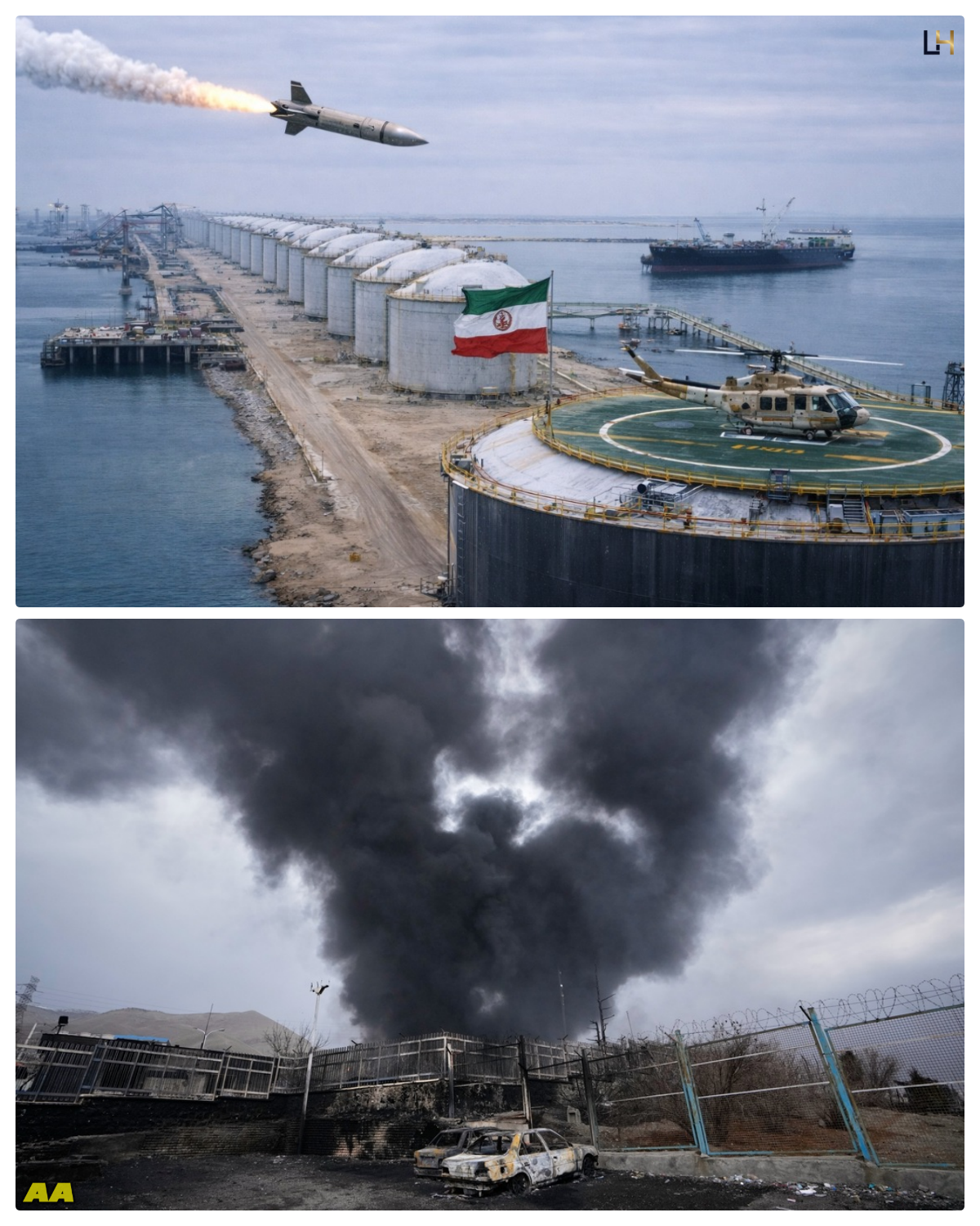 One minute ago! The US Air Force attacked an Iranian oil depot at the port of Hormuz with long-range missiles.