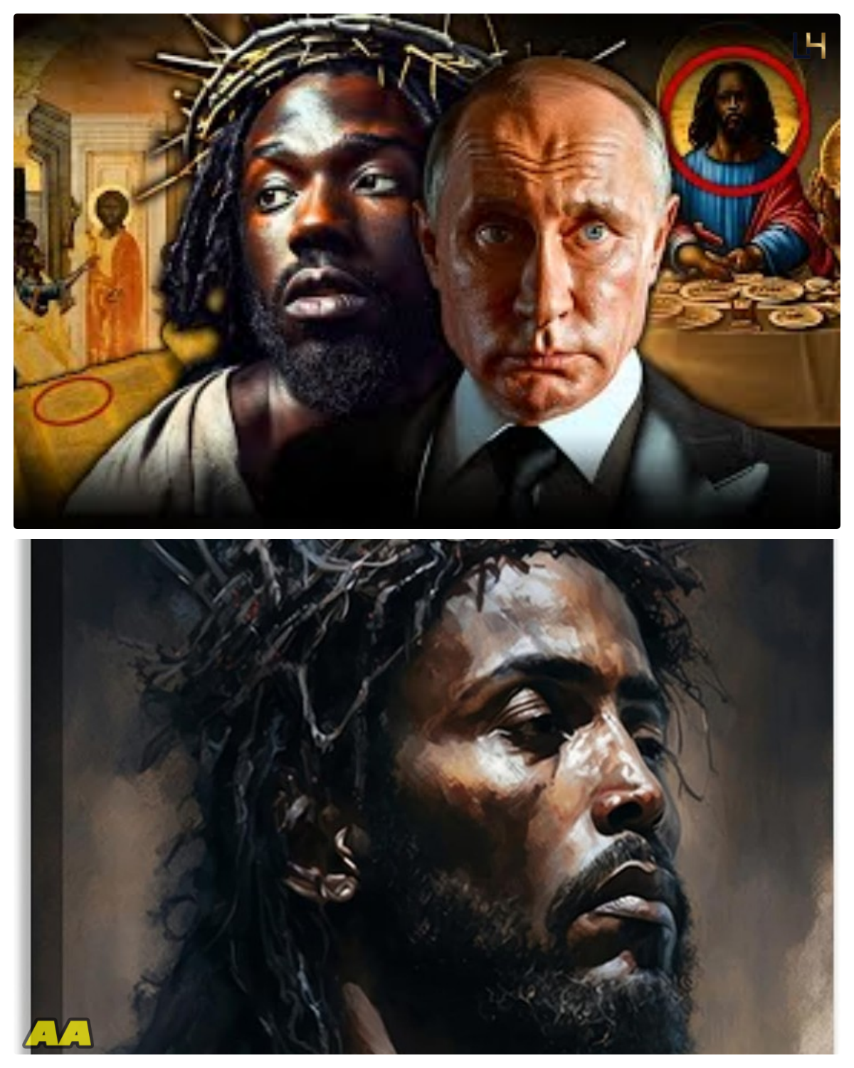 Vladimir Putin opens an ancient box revealing what appears to be a black Jesus.