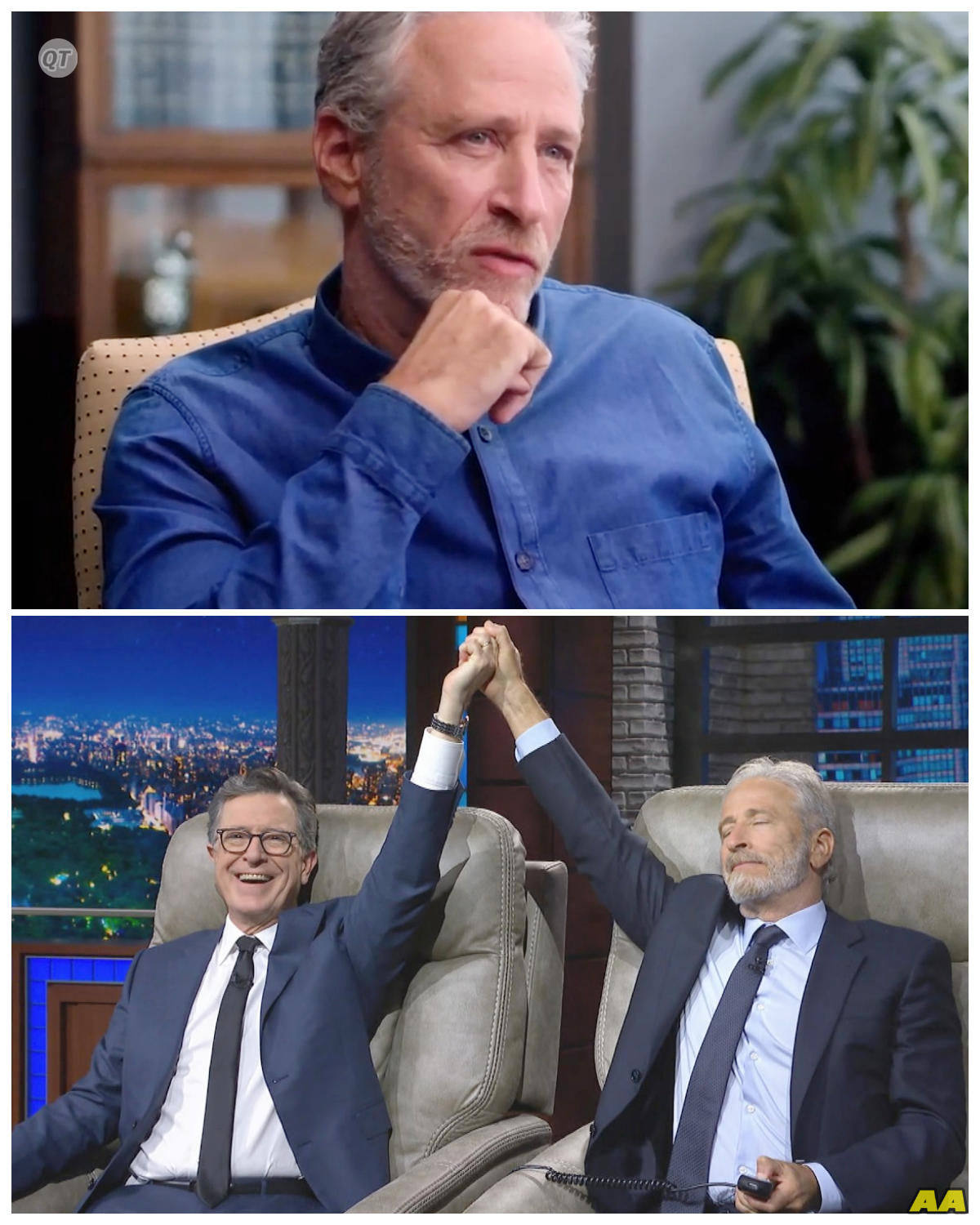 “Shocking Twist: Jon Stewart’s Gift Sparks Colbert’s Hidden Trauma!” -ZZ  What starts as a light-hearted serenade takes a dark turn when Jon Stewart’s surprise gift triggers Stephen Colbert’s buried traumas! As the audience gasps in disbelief, the late-night host grapples with emotions he thought were long gone. What skeletons are lurking in Colbert’s closet? This unexpected moment could redefine their friendship and leave viewers questioning everything!