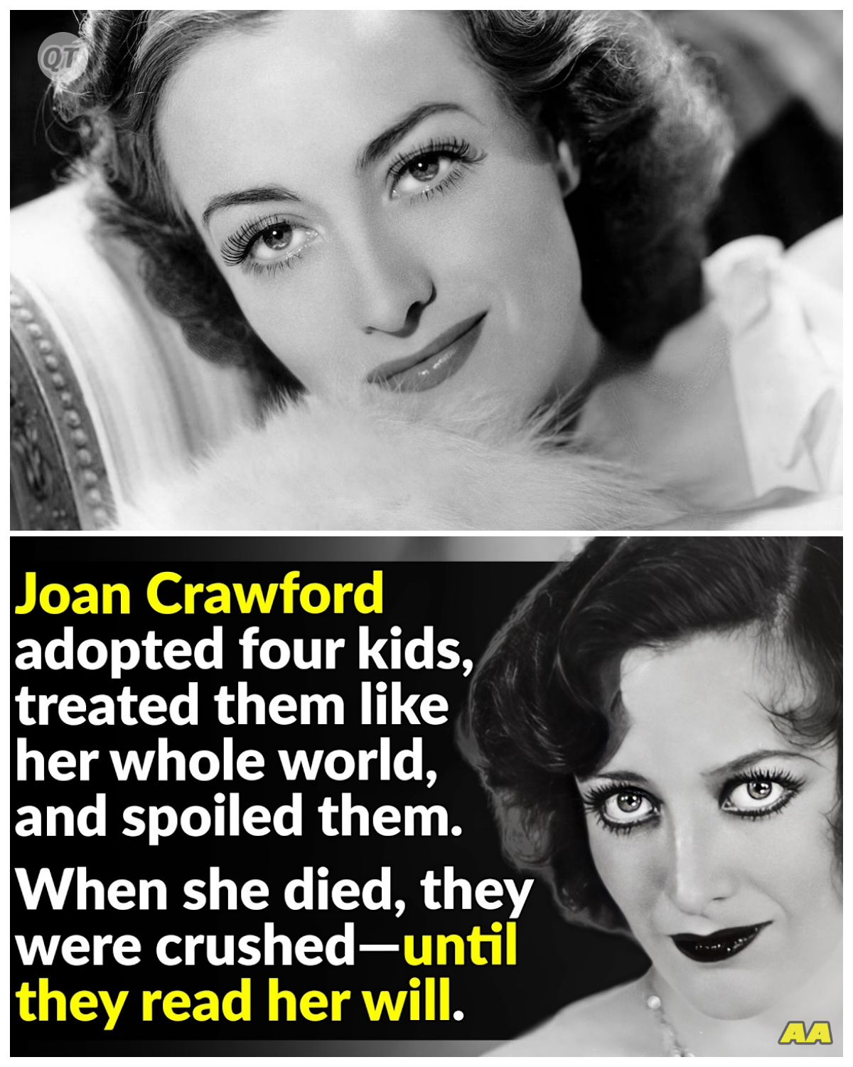 “Joan Crawford’s SHOCKING Life: A Scandalous Reality That Outshines Her Most Dramatic Roles!” -ZZ  In a world where Hollywood legends are born, few stories are as scandalous as that of Joan Crawford. Behind the glitz and glamour of her silver screen persona lies a tumultuous life filled with betrayal, ambition, and shocking revelations. From fierce rivalries to heart-wrenching personal struggles, Crawford’s real-life drama eclipses even her most iconic film roles. What dark secrets lurked behind her glamorous facade? Prepare for a jaw-dropping exploration of the life of a true Hollywood icon!